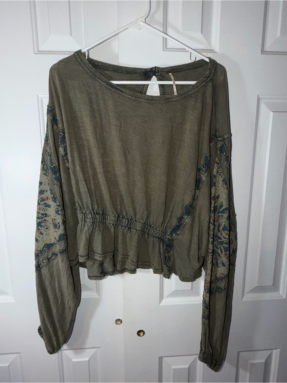 Free People Throwback Embroidered Volume Sleeve Top